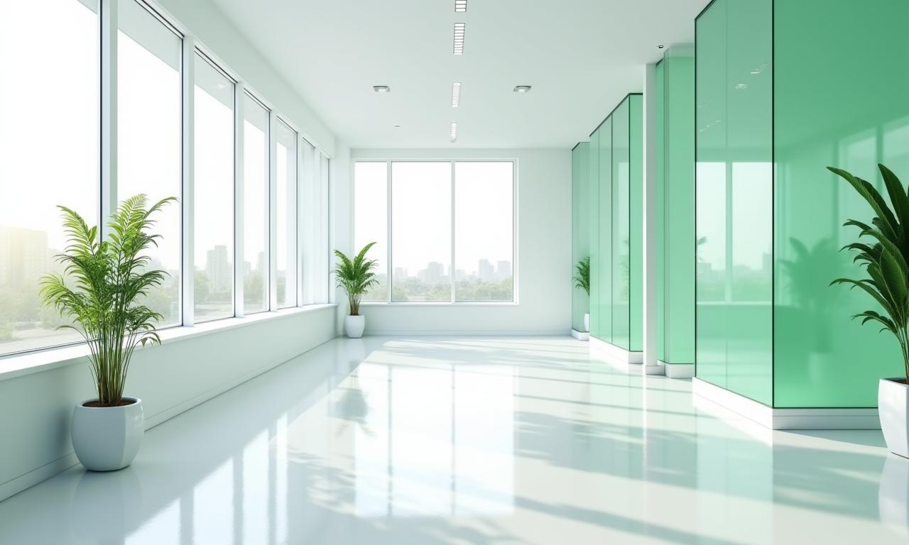 Sparkling clean, modern office space with large windows and natural light, professionally cleaned and sanitized.